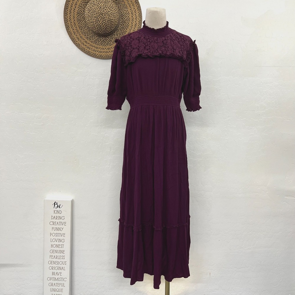 Mulberry maxi dress M cinch smock waist ruffle soft romantic feminine lace boho